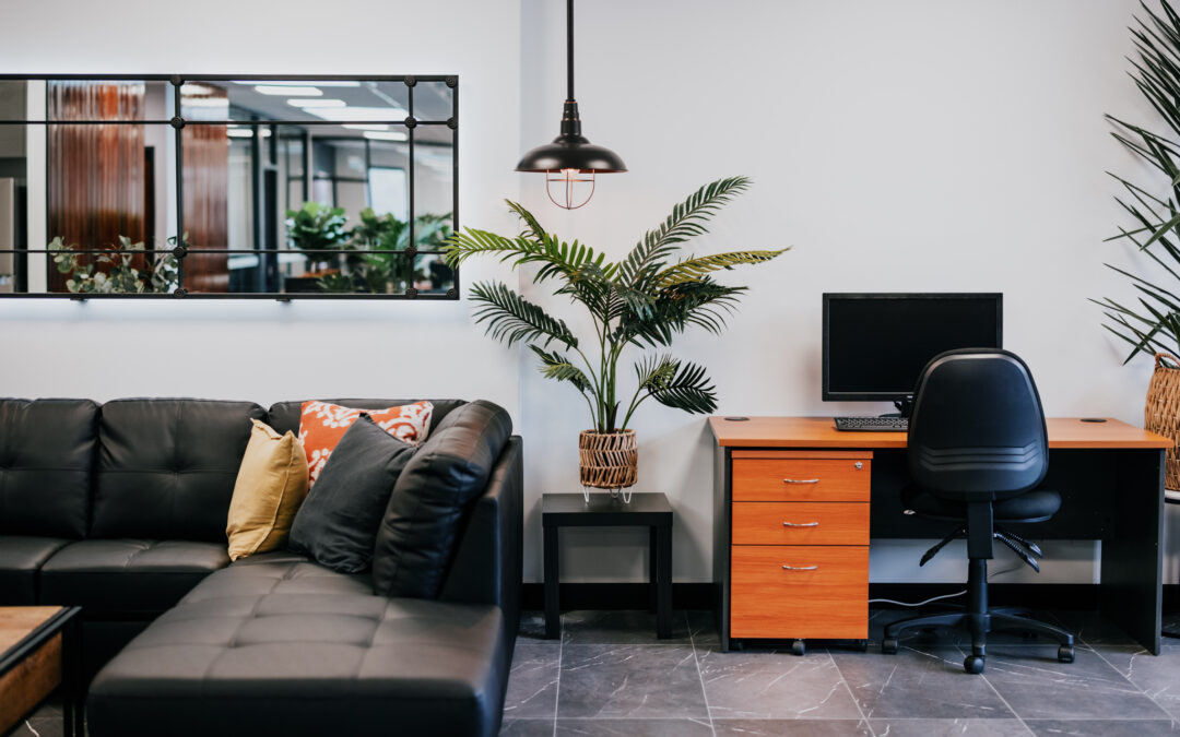 Modern commercial office fit-out with workstation, lounge area and contemporary interior design